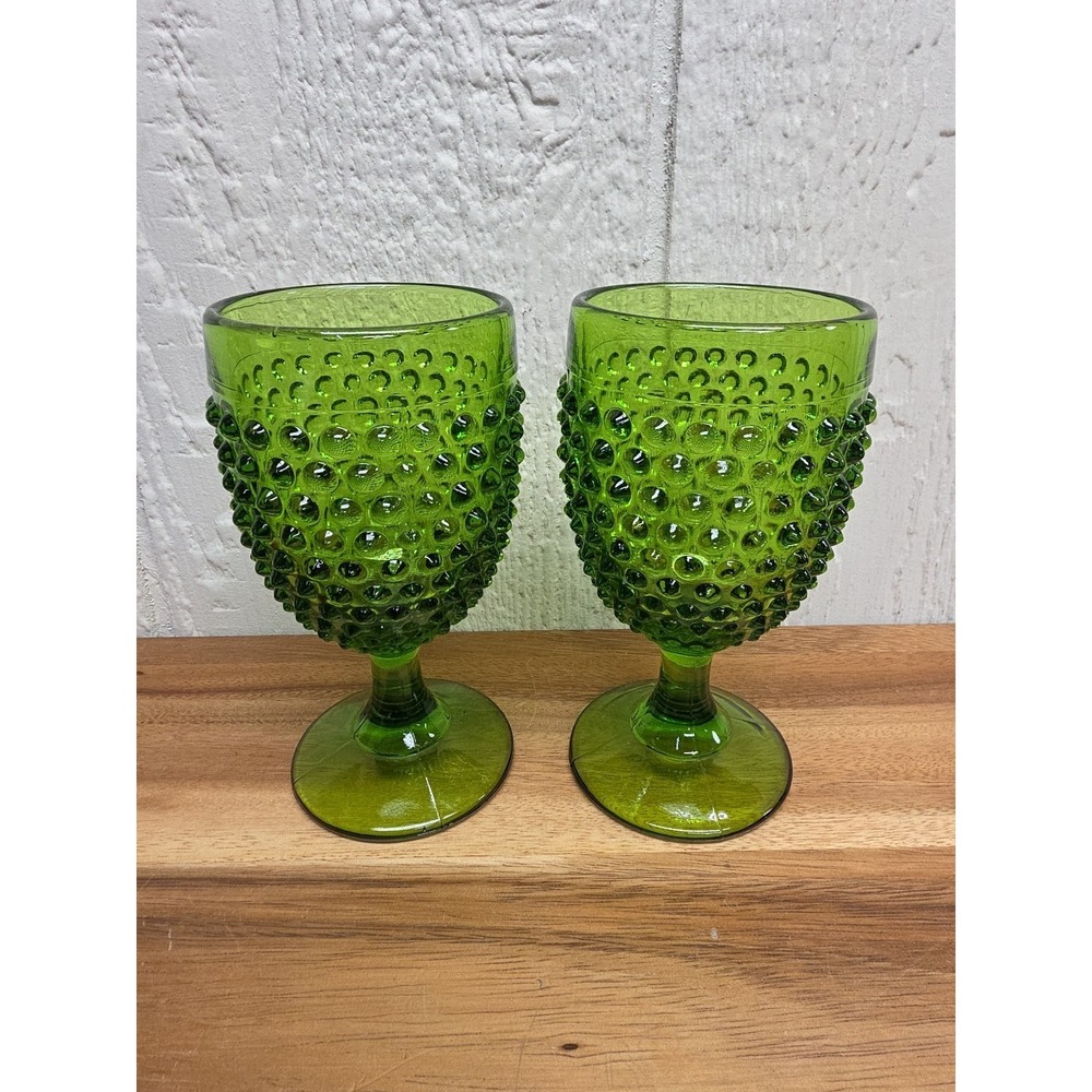 Vtg Fenton Green Hobnail Water Globet Set Of 2 Wine Cup Glass - Picture 2 of 6
